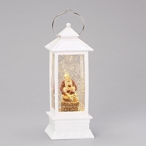 Kneeling Santa 11"H LED Swirl White Lantern. Battery operated. Made of Plastic, batteries included.