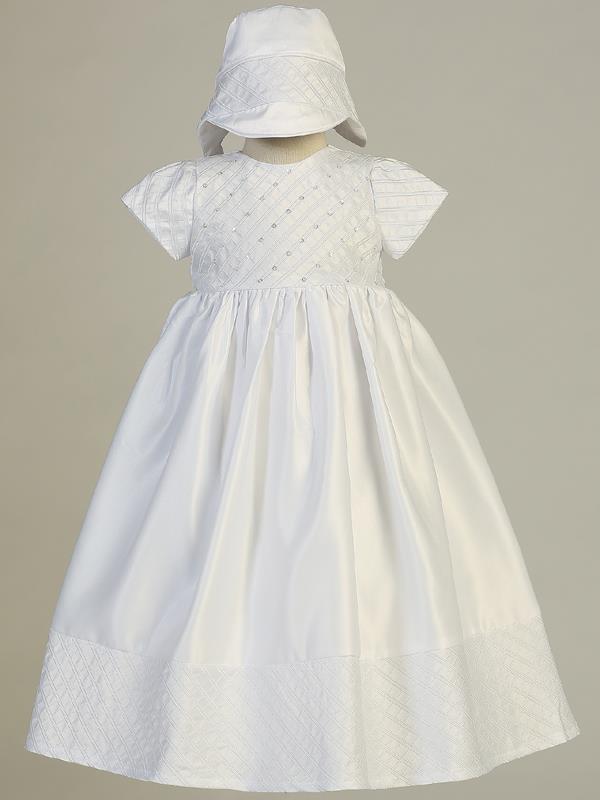 Embroidered white satin gown with sequins and beads. Comes with matching bonnet. Made in USA.