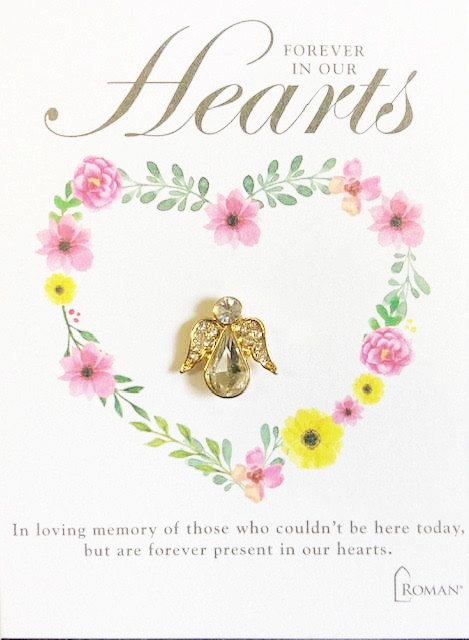 Bereavement Angel Pin.  "In loving memory of those who could't be here today, but are forever present in our hearts." The Bereavement Angel Pin is made of metal and glass.