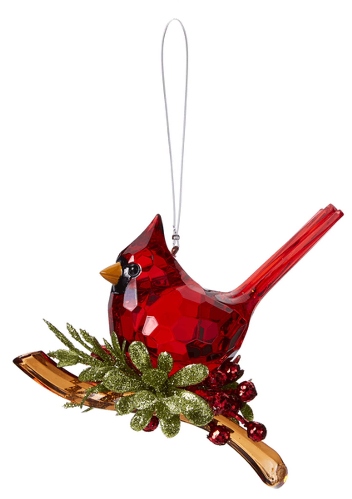 Classic Cardinal Ornament. Bright Red Cardinal sitting on a branch with holly and berries. Ornament is made of acrylic and measures  4 3/4"W. 