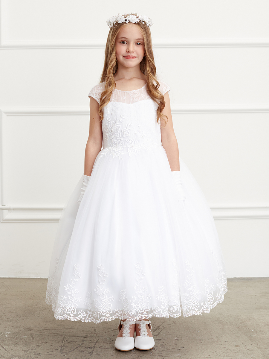 Communion Dress with lace bodice and hem.