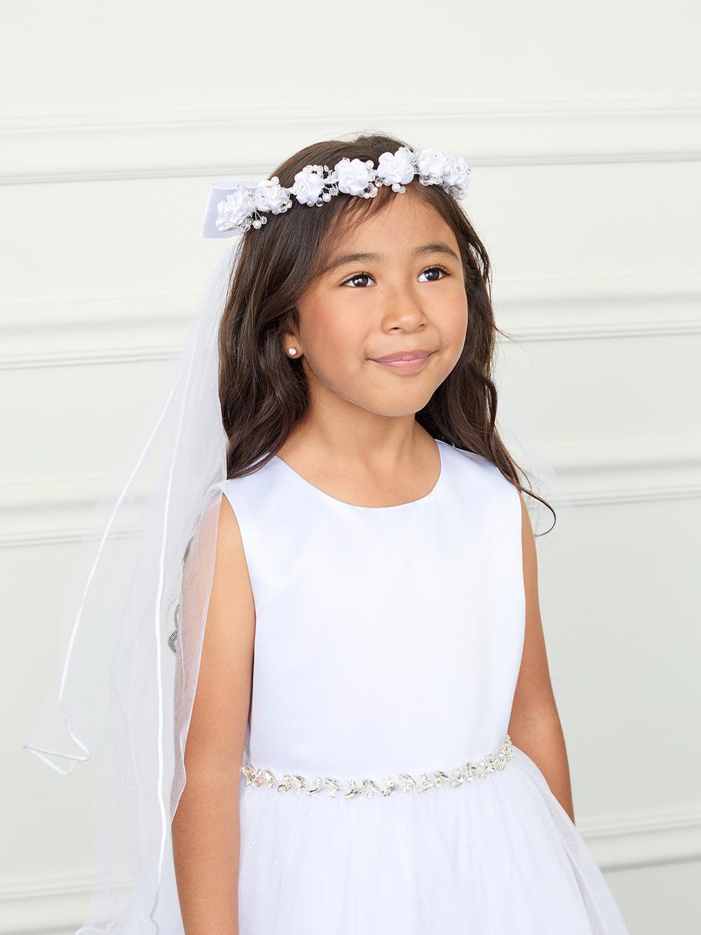 Communion Headpiece - Veil with Satin Flowers & Rhinestones and Pearls