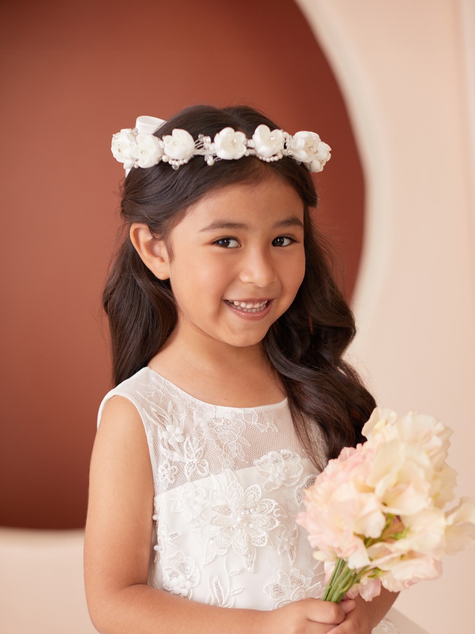 Communion Headpiece, Satin Floral with Pearl and Rhinestone Wreath
