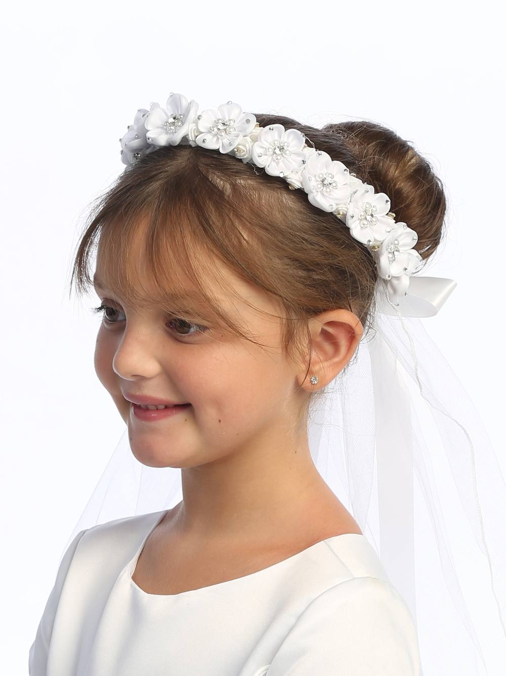 Communion Headpiece - Veil with Satin Flowers and Rhinestones
