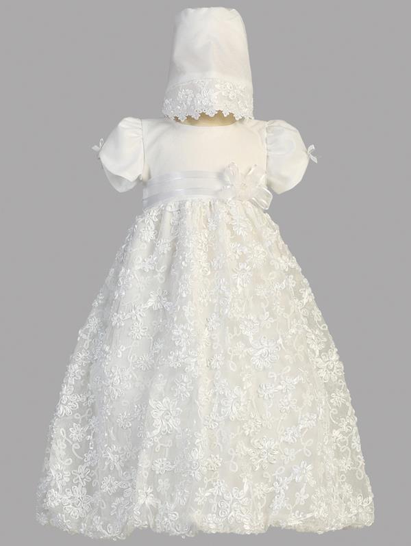 Amber ~ A gorgeous embroidered satin ribbon tulle Christening dress with bonnet.