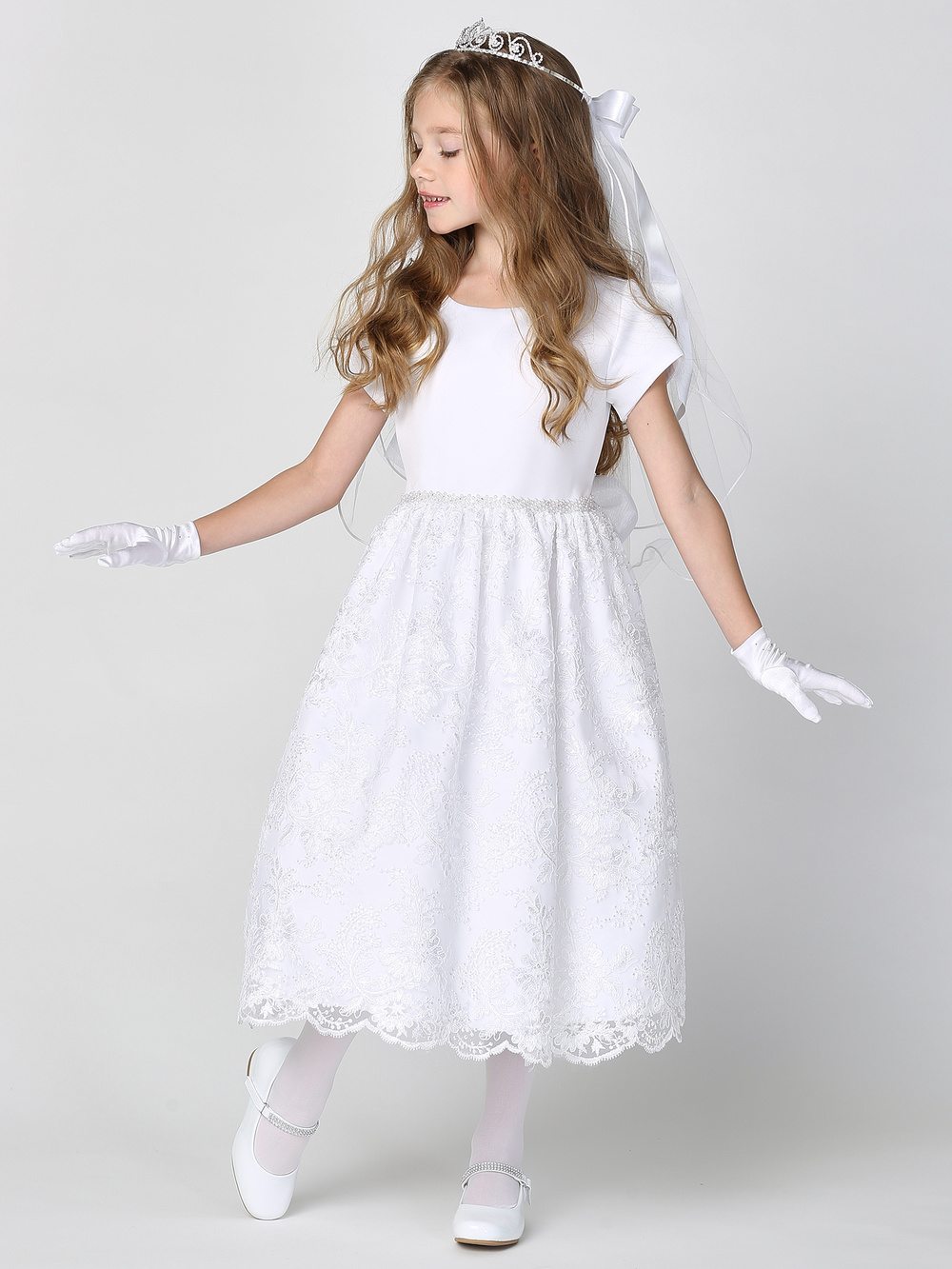 Communion Dress - Satin & Corded Embroidered Tulle with Sequins 
