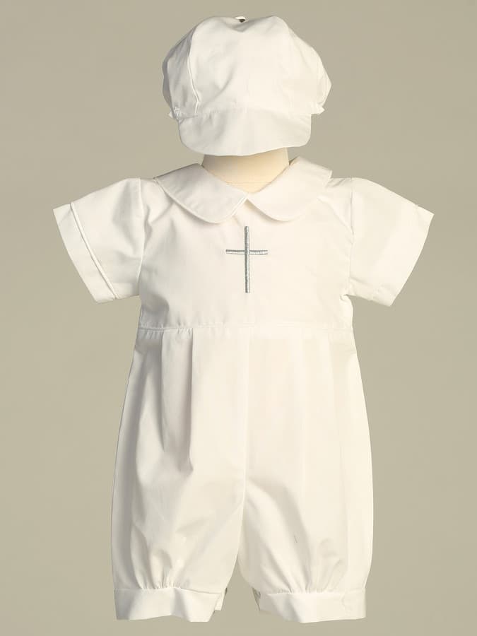 Samuel - Boys Cotton Romper with Embroidered Silver Cross