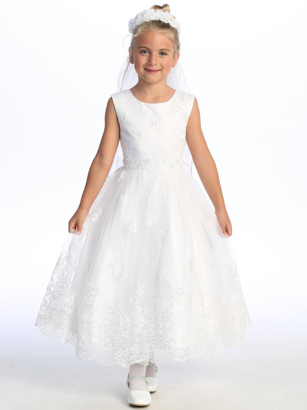 Communion Dress - Corded Embroidered Tulle with Pearls & Sequins