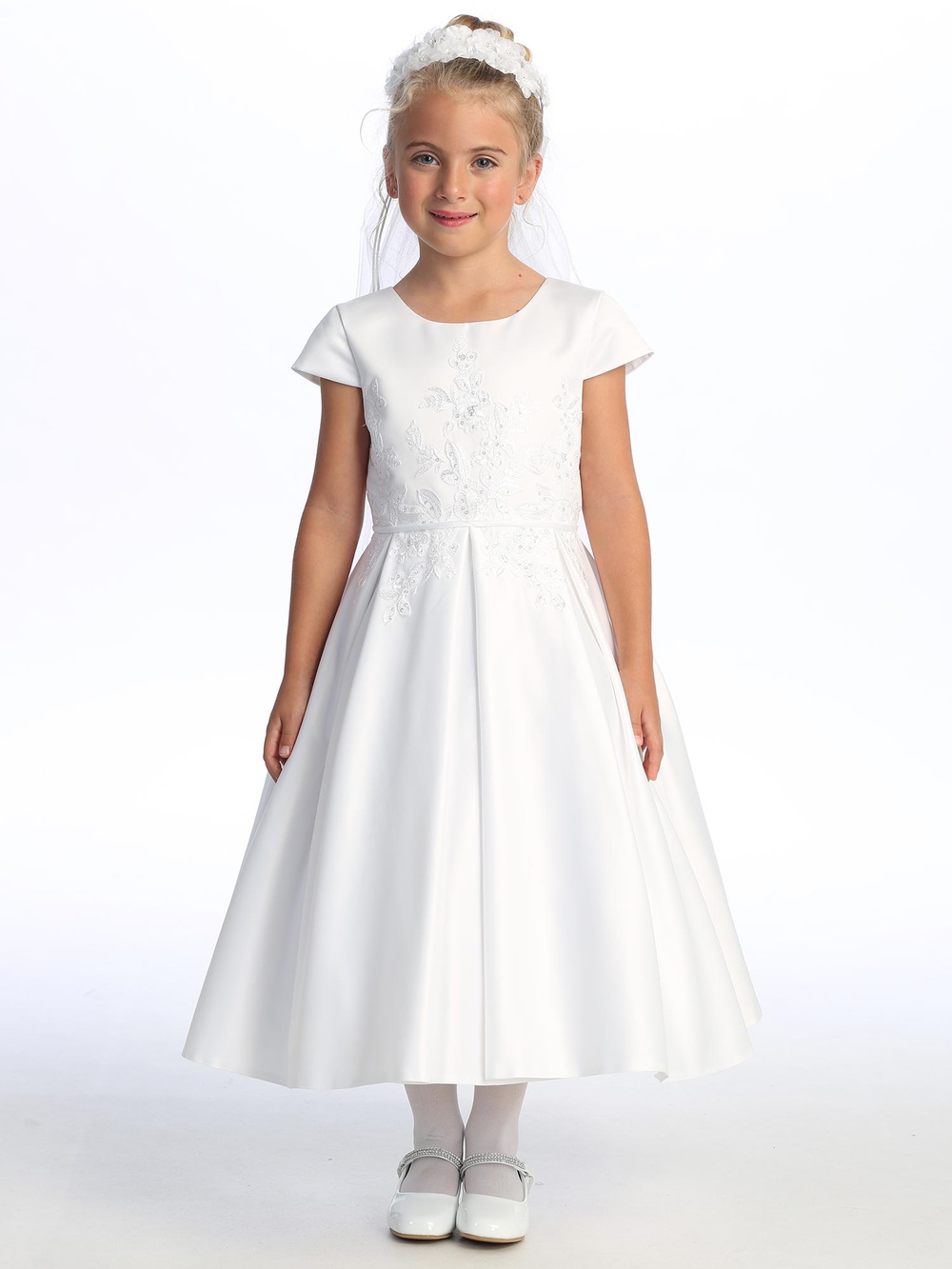 Communion Dress - Satin Cap Sleeve with Embroidered Tulle & Sequins 