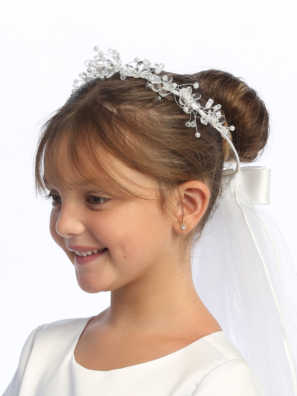 Communion Headpiece - Veil with Crystal Flowers, Beads, and Rhinestones