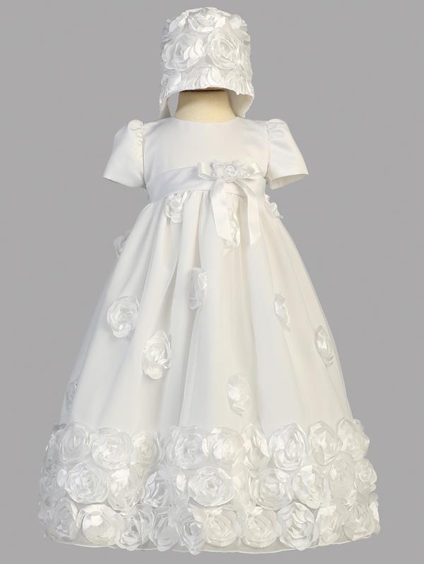 Clarice ~ White Floral Ribbon Tulle christening dress.  Made In USA