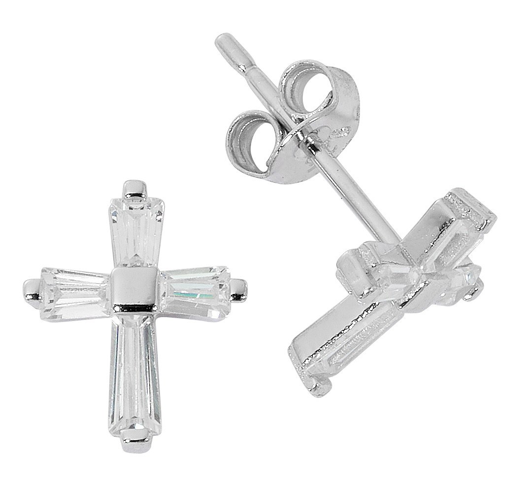 Sterling Silver Crystal Baguette Cross Earrings 