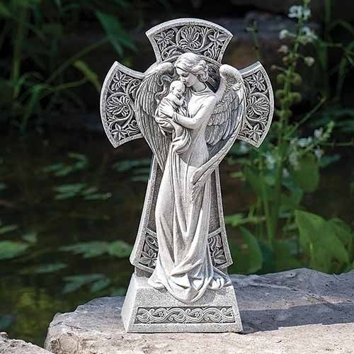 13inH Angel Holding Baby Cross Garden Statue