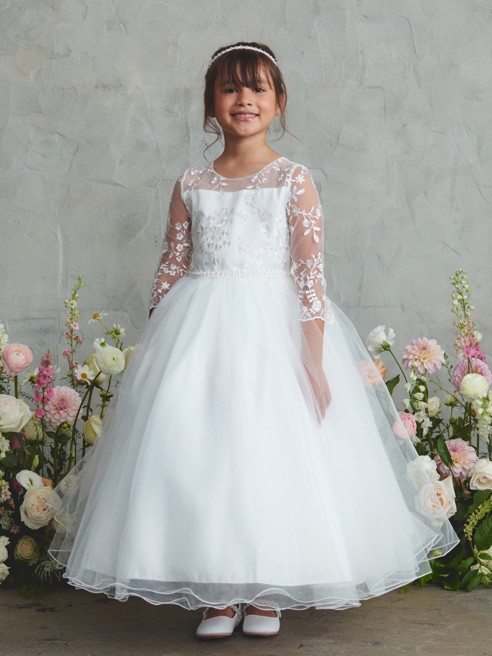 Communion Dress -  Lace Illusion Neckline Bodice with Sleeves