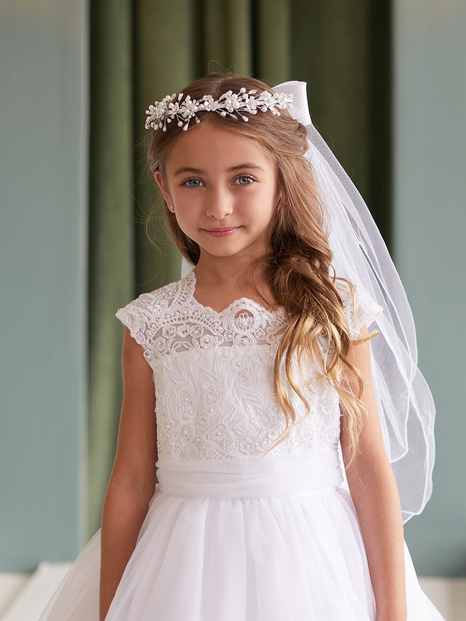 Communion Headpiece - Veil with Pearlized Flowers with Rhinestone and Pearl Accents