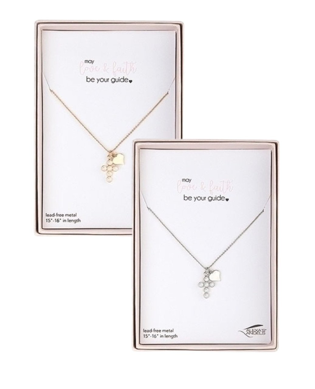 Silver or Gold Pearl Cross with Heart Necklace 