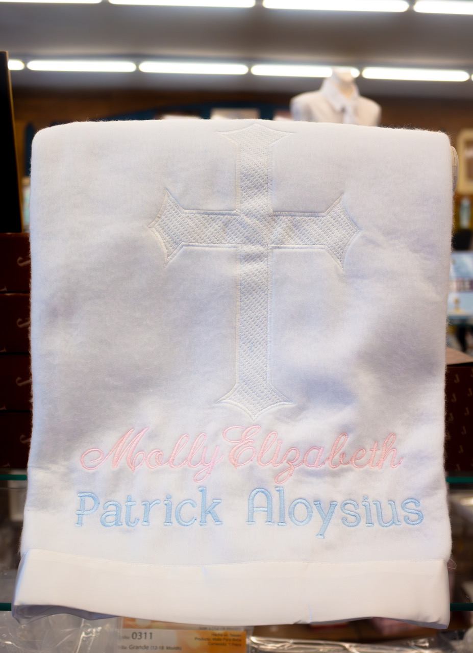 White Blanket with Embroidered Cross and Satin Trim 