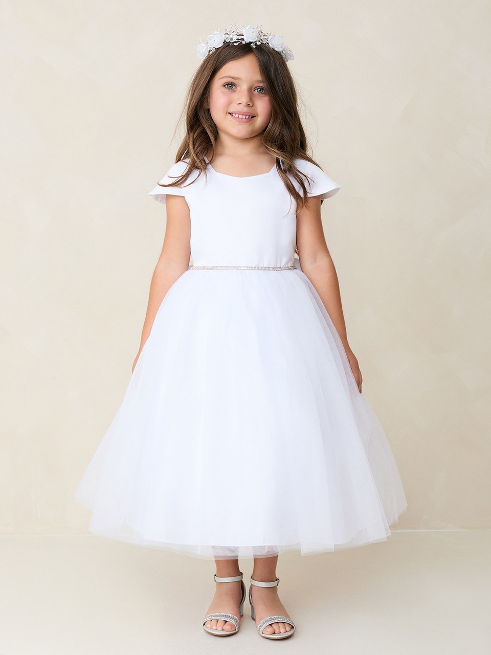 Communion Dress - Satin Cap Sleeve Square Neckline with Rhinestone Waistline 