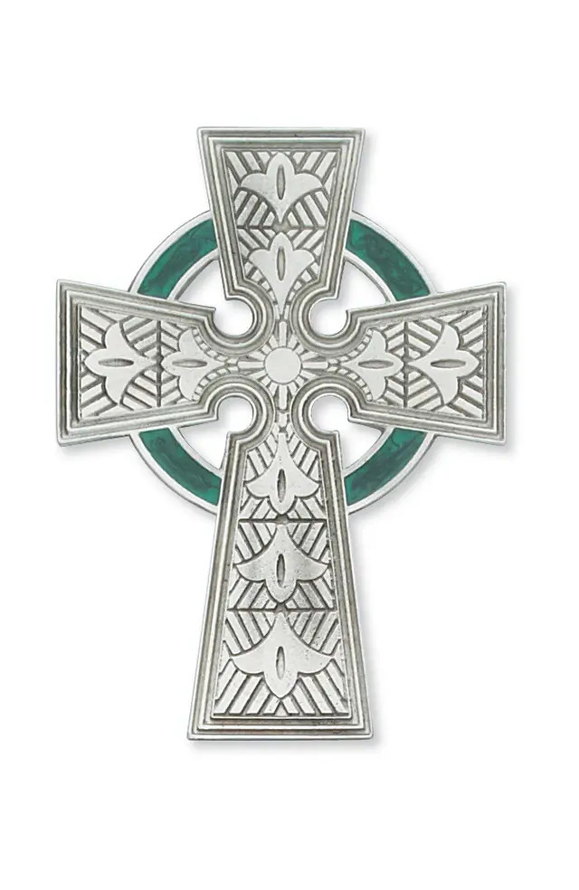 Pewter Green Enamel Celtic Cross - 5"