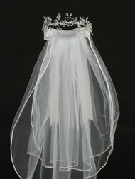 Communion Headpiece with Veil, Crystal Flowers, Beads & Rhinestone Accents with Satin Bow