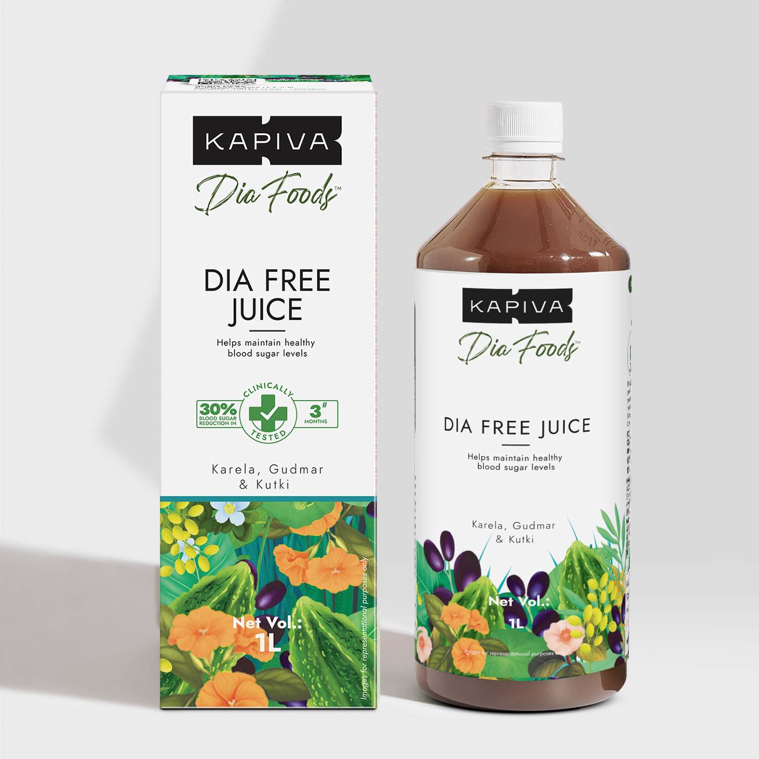 Kapiva Dia Foods Dia Free Juice 1L bottle and carton with Karela, Gudmar and Kutki, clinically tested for blood sugar