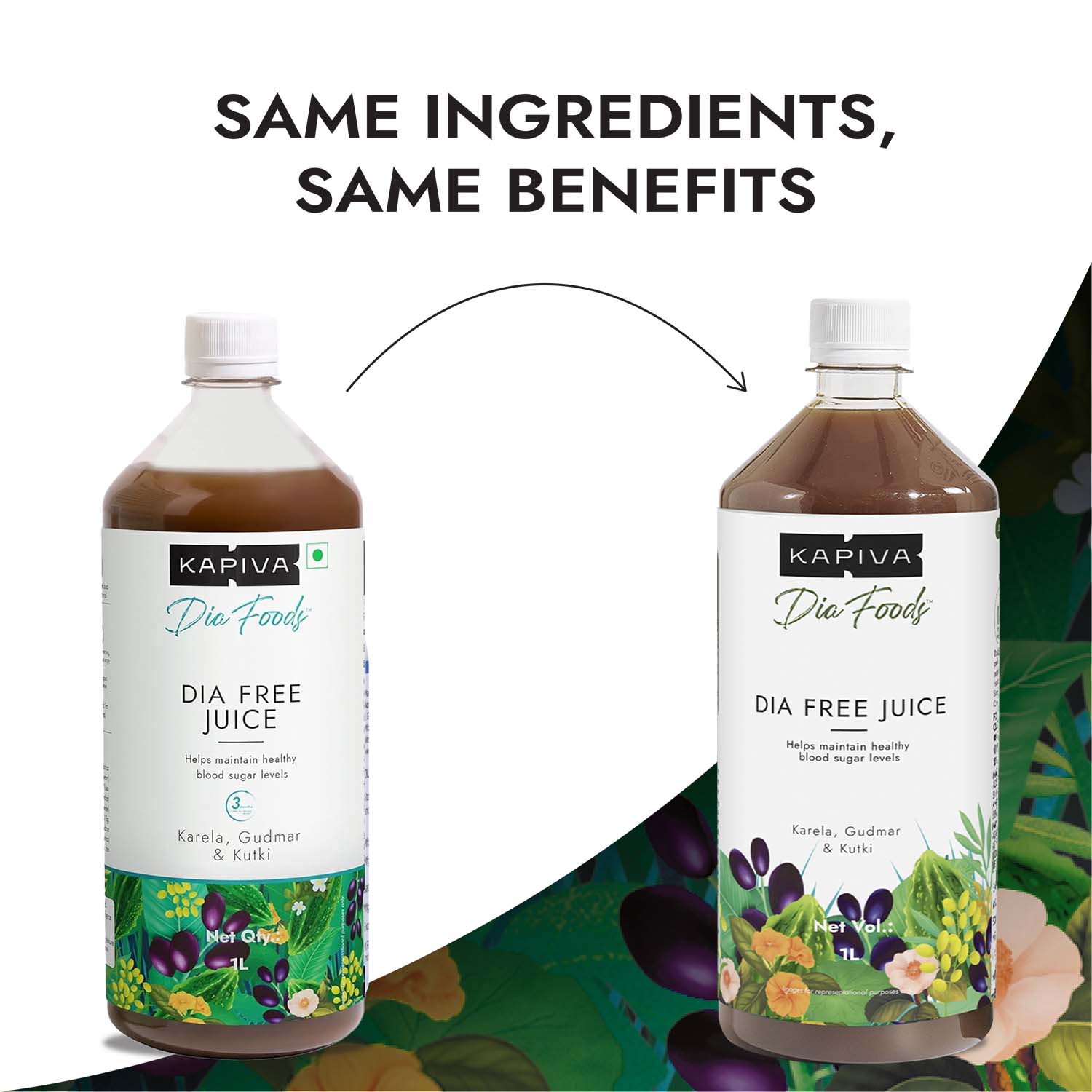 Kapiva Dia Free Juice 1L old and new packaging comparison, same ingredients and benefits with Karela Gudmar and Kutki