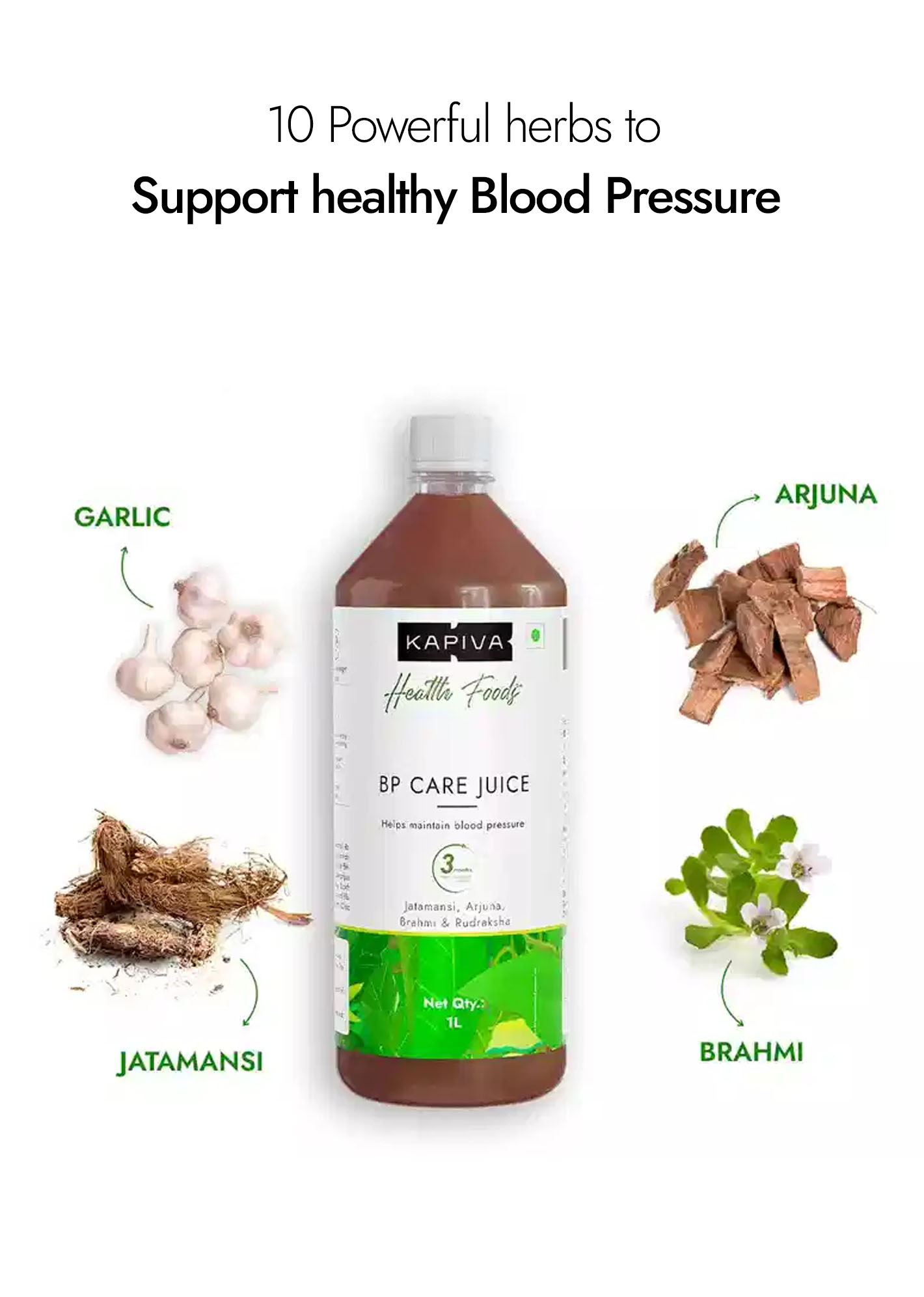 Kapiva BP Care Juice 1L with 10 herbs for blood pressure including Garlic, Arjuna, Jatamansi and Brahmi