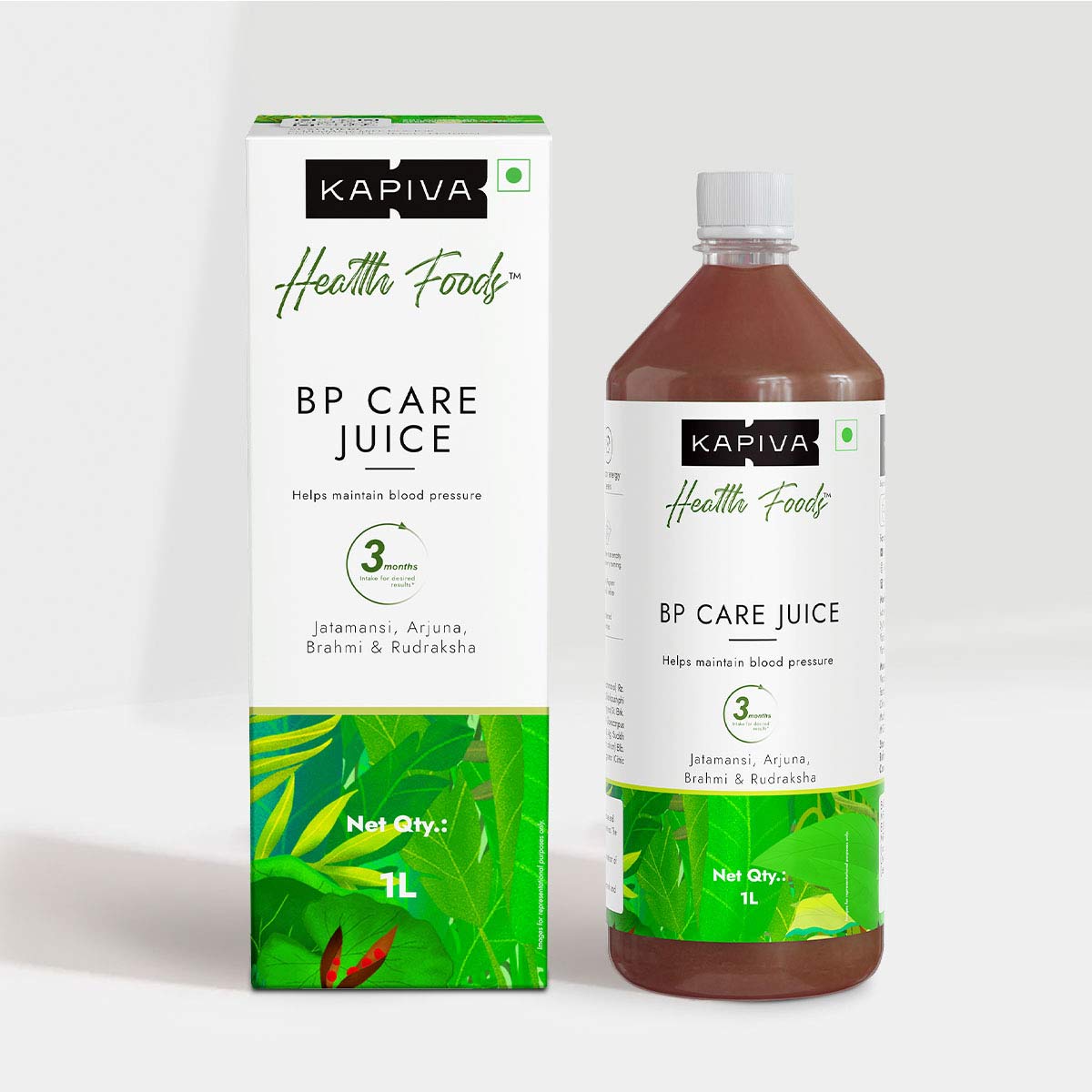 Kapiva Health Foods BP Care Juice 1L bottle and carton with Jatamansi, Arjuna, Brahmi and Rudraksha