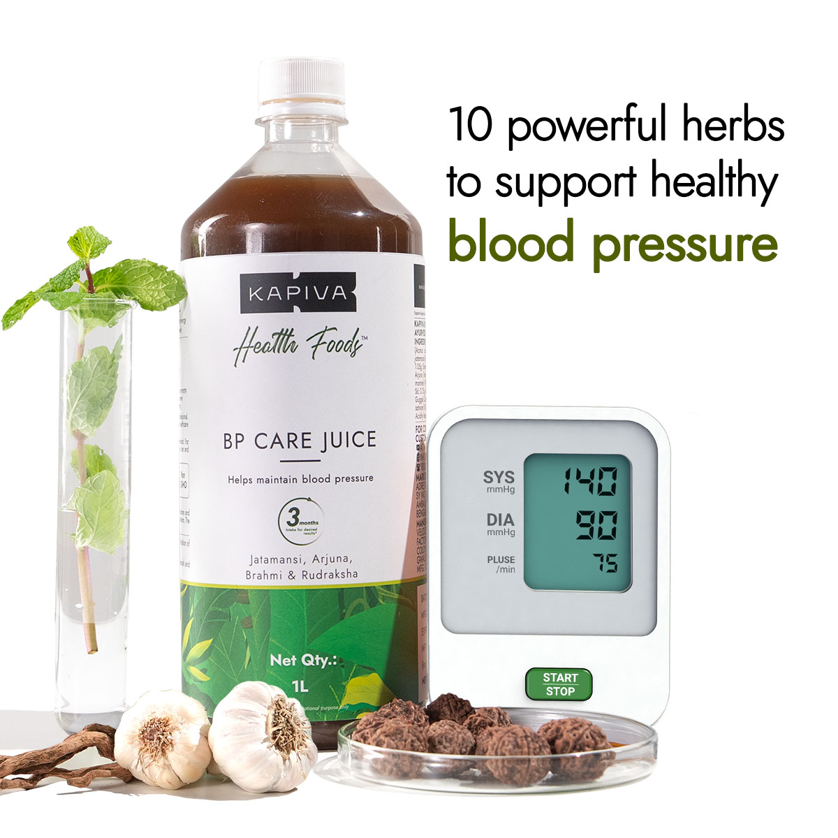 Kapiva BP Care Juice 1L bottle with BP monitor, garlic, Rudraksha and herbs for healthy blood pressure support