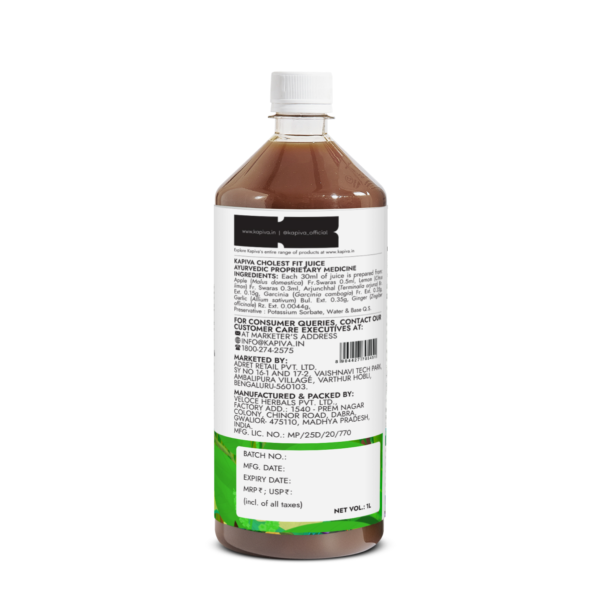 Kapiva Cholest Fit Juice 1L bottle showing ingredient list and manufacturer details, ayurvedic proprietary medicine