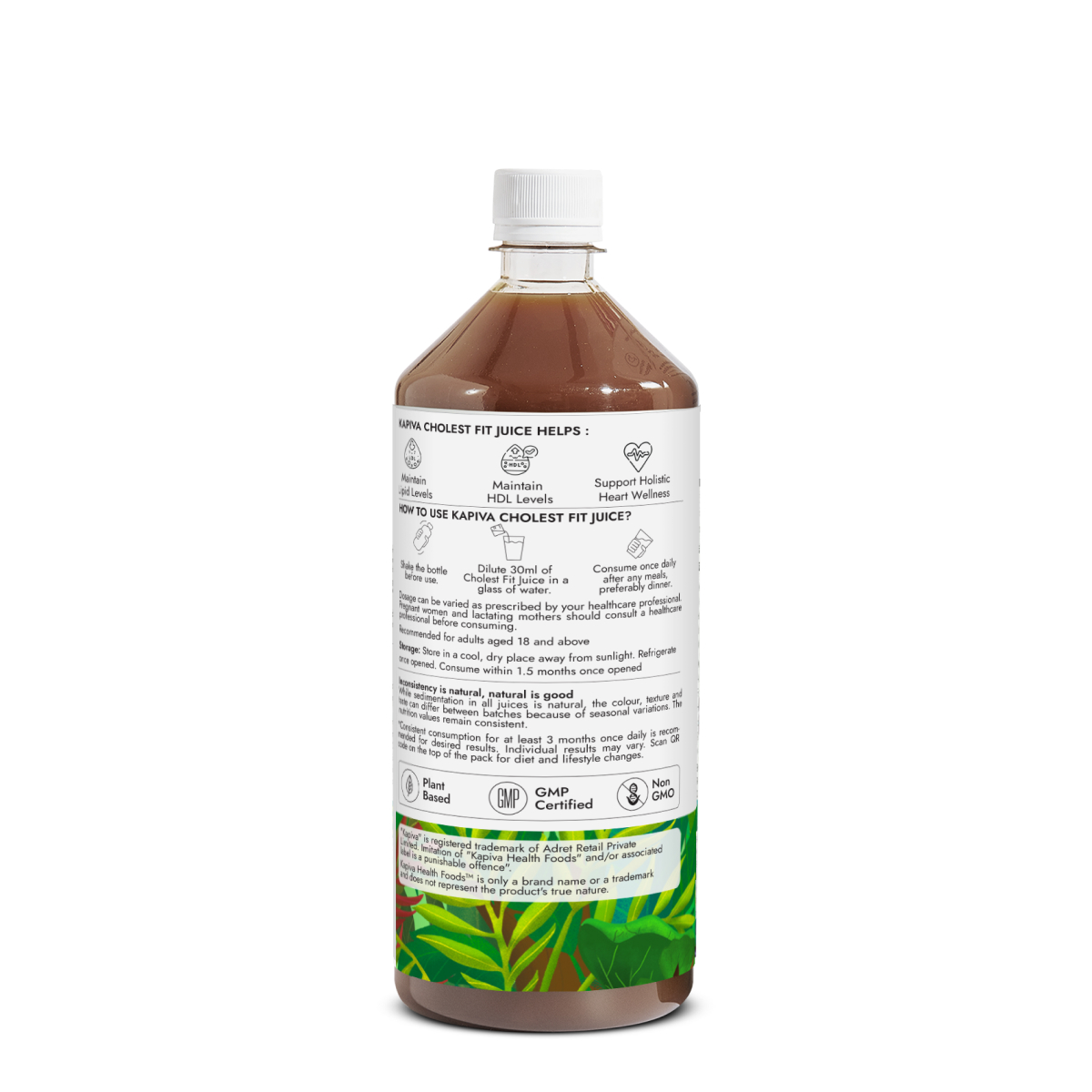 Kapiva Cholest Fit Juice 1L bottle back label usage instructions, GMP certified, plant-based, non-GMO
