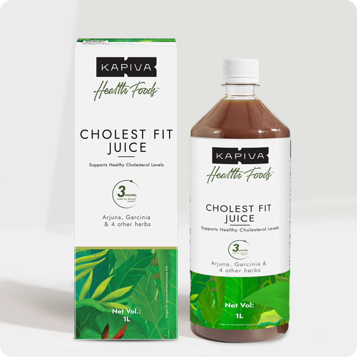 Kapiva Cholest Fit Juice 1L bottle and box with arjuna, garcinia and 4 herbs, front and side view