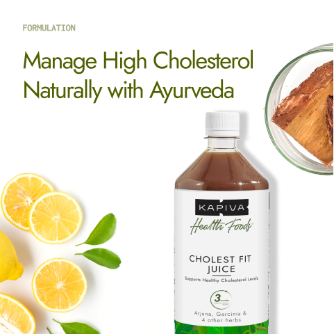 Kapiva Cholest Fit Juice 1L bottle with lemon and arjuna chaal, ayurvedic cholesterol management formula