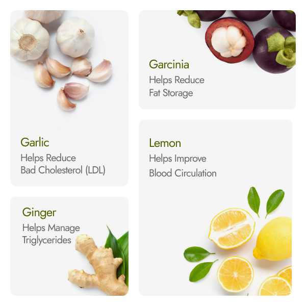 Garlic, garcinia, lemon and ginger ingredients in Kapiva Cholest Fit Juice for LDL and triglyceride management
