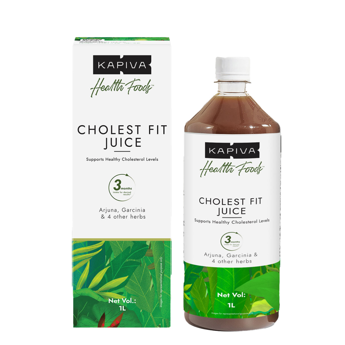 Kapiva Cholest Fit Juice 1L bottle with box on white background, arjuna and garcinia ayurvedic formula