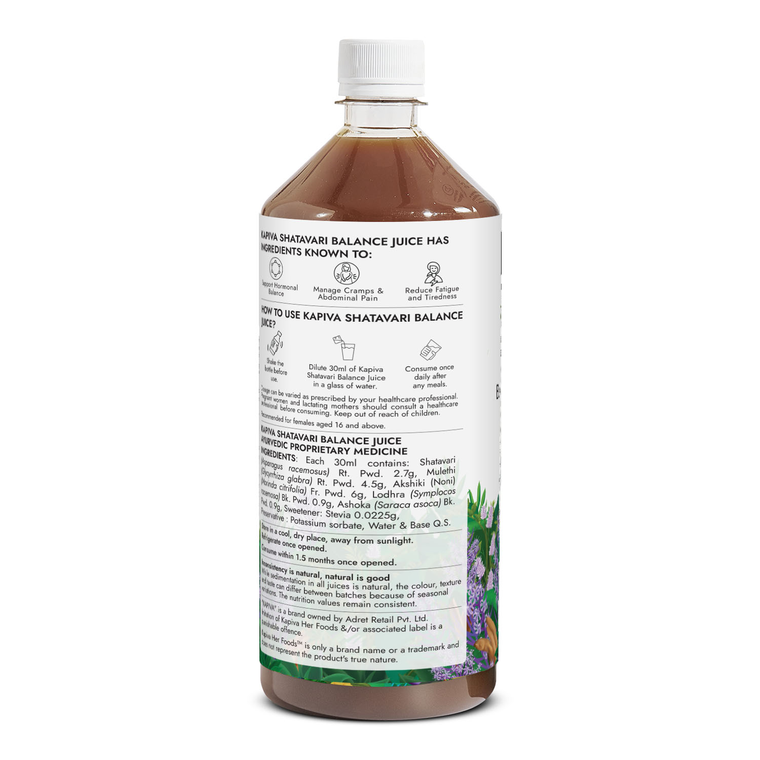 Kapiva Shatavari Balance Juice 1L bottle back label with benefits, usage, ingredients and storage instructions