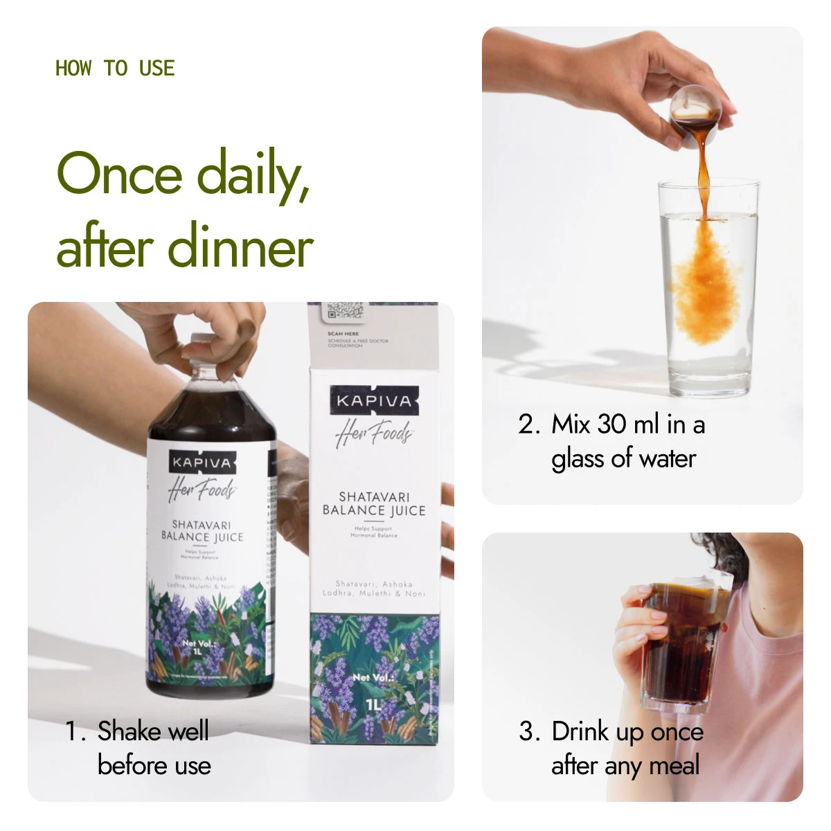 Kapiva Shatavari Balance Juice how to use, shake well, mix 30ml in water, drink once daily after dinner