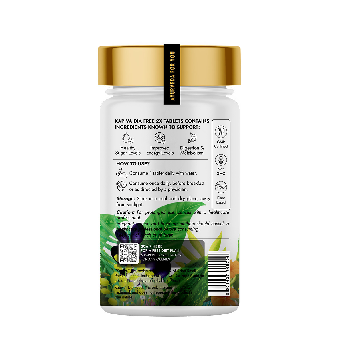 Kapiva Dia Free 2X Tablets bottle side label with benefits, usage, GMP certified, non-GMO, plant based and QR code