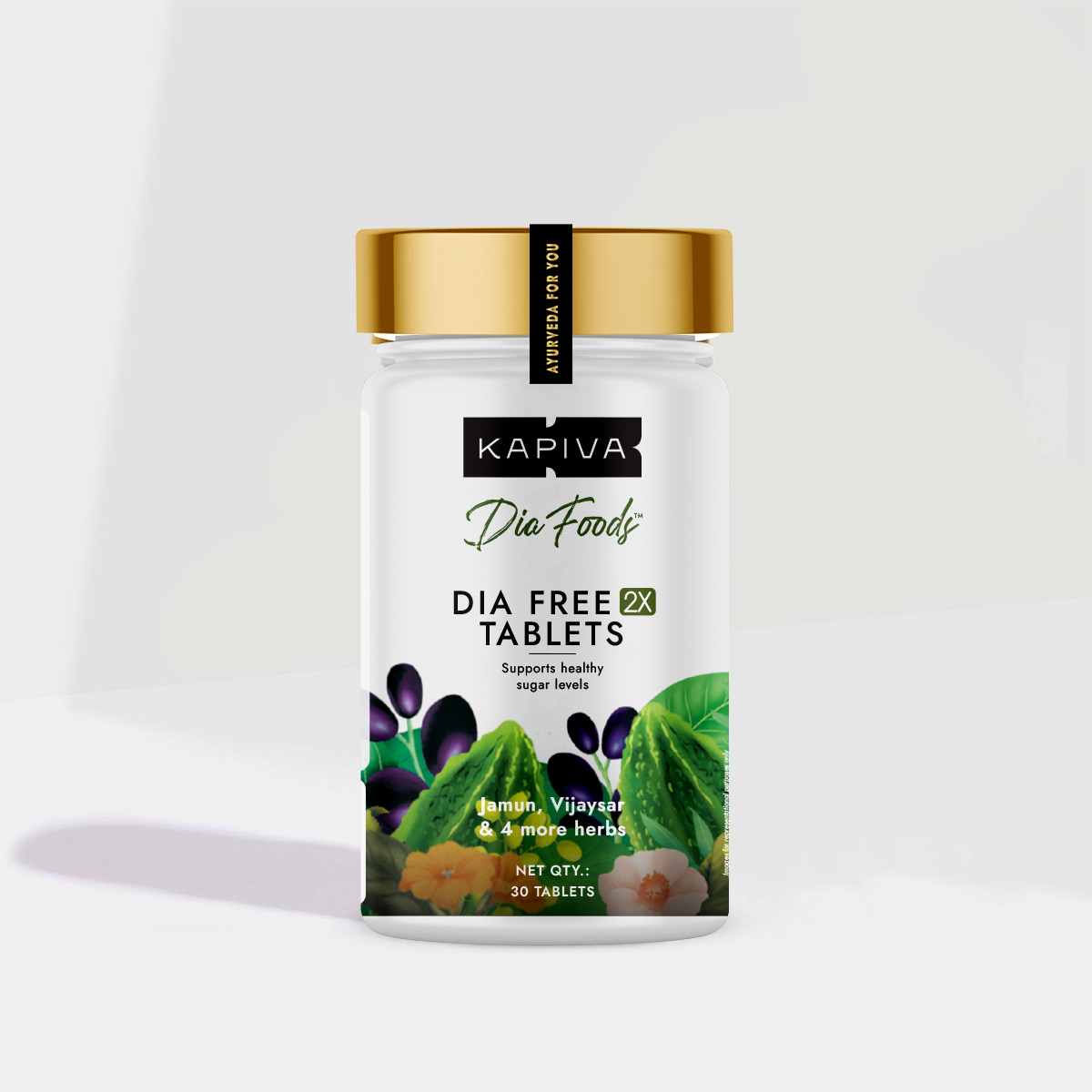 Kapiva Dia Foods Dia Free 2X Tablets 30 count bottle front view with Jamun, Vijaysar and 4 herbs, 8% off