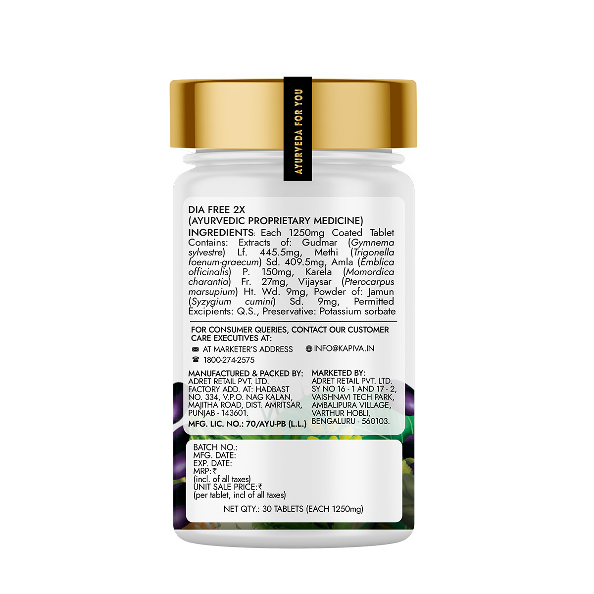 Kapiva Dia Free 2X Tablets 30 count bottle back label with 1250mg ingredients, Gudmar, Methi, Amla, Karela and Vijaysar