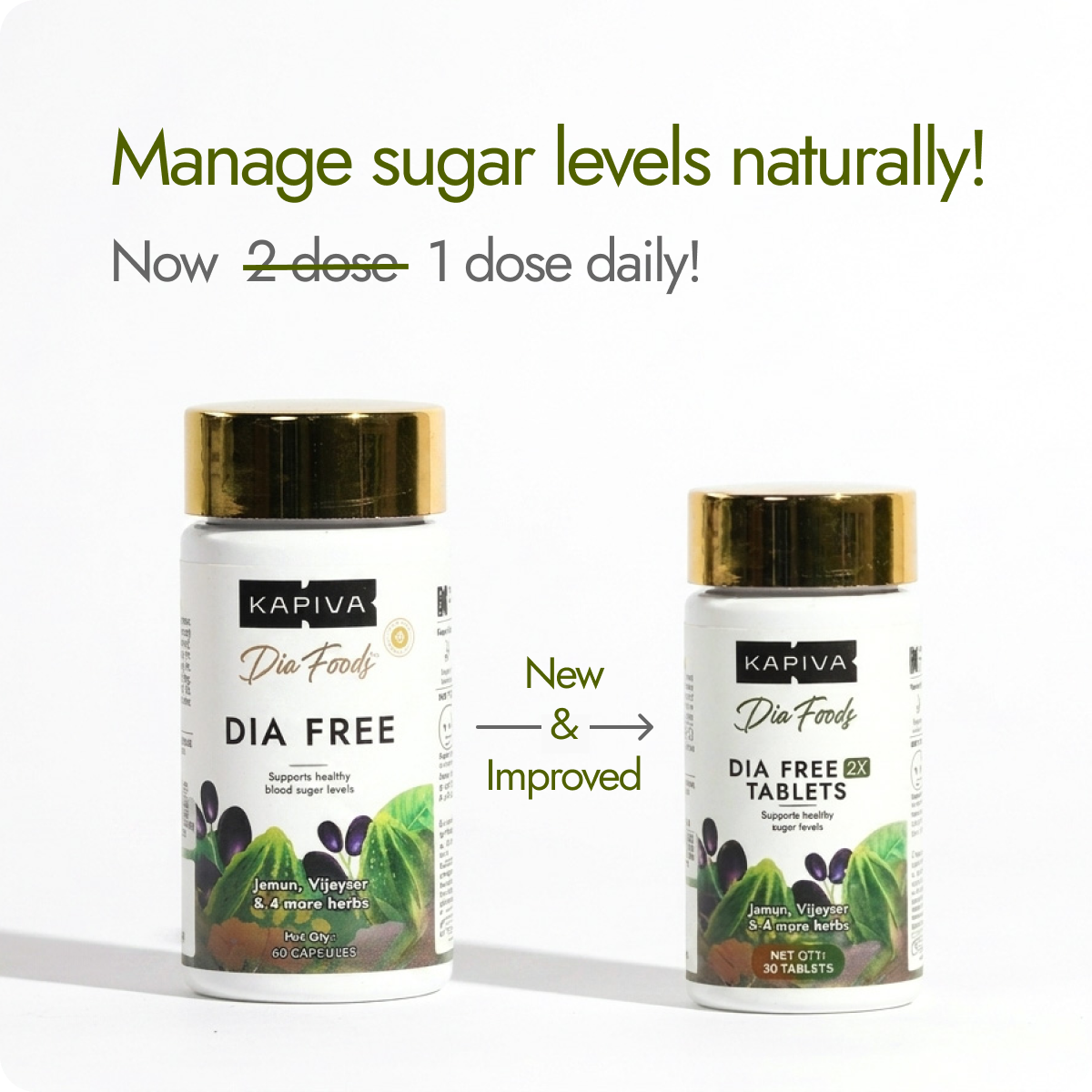 Kapiva Dia Free 2X Tablets new and improved, 1 dose daily for blood sugar management with Jamun Vijaysar and herbs