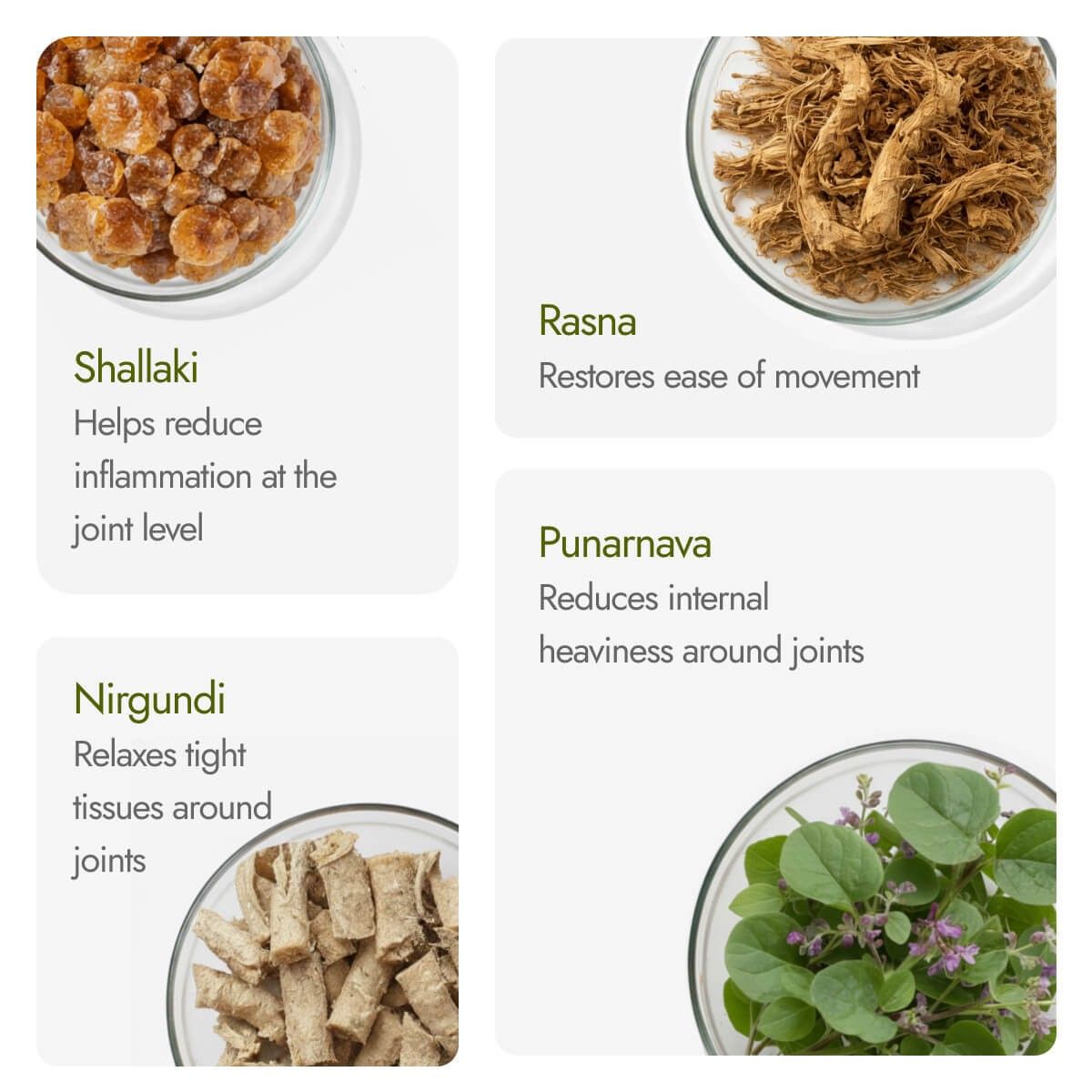 Shallaki, rasna, punarnava and nirgundi ingredients in Kapiva Artho Sure Juice for joint inflammation and stiffness