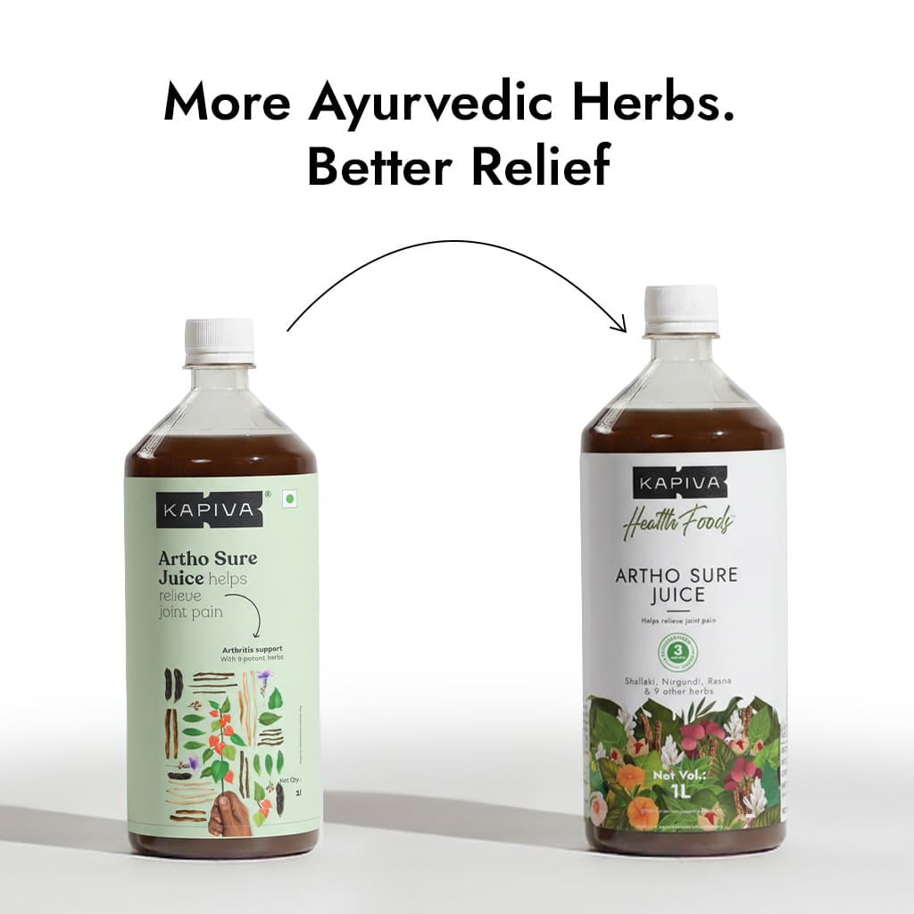Kapiva Artho Sure Juice old and new packaging comparison showing upgraded 12-herb formula for better joint relief