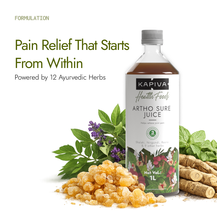 Kapiva Artho Sure Juice 1L bottle with shallaki and ashwagandha herbs, ayurvedic joint pain relief formula