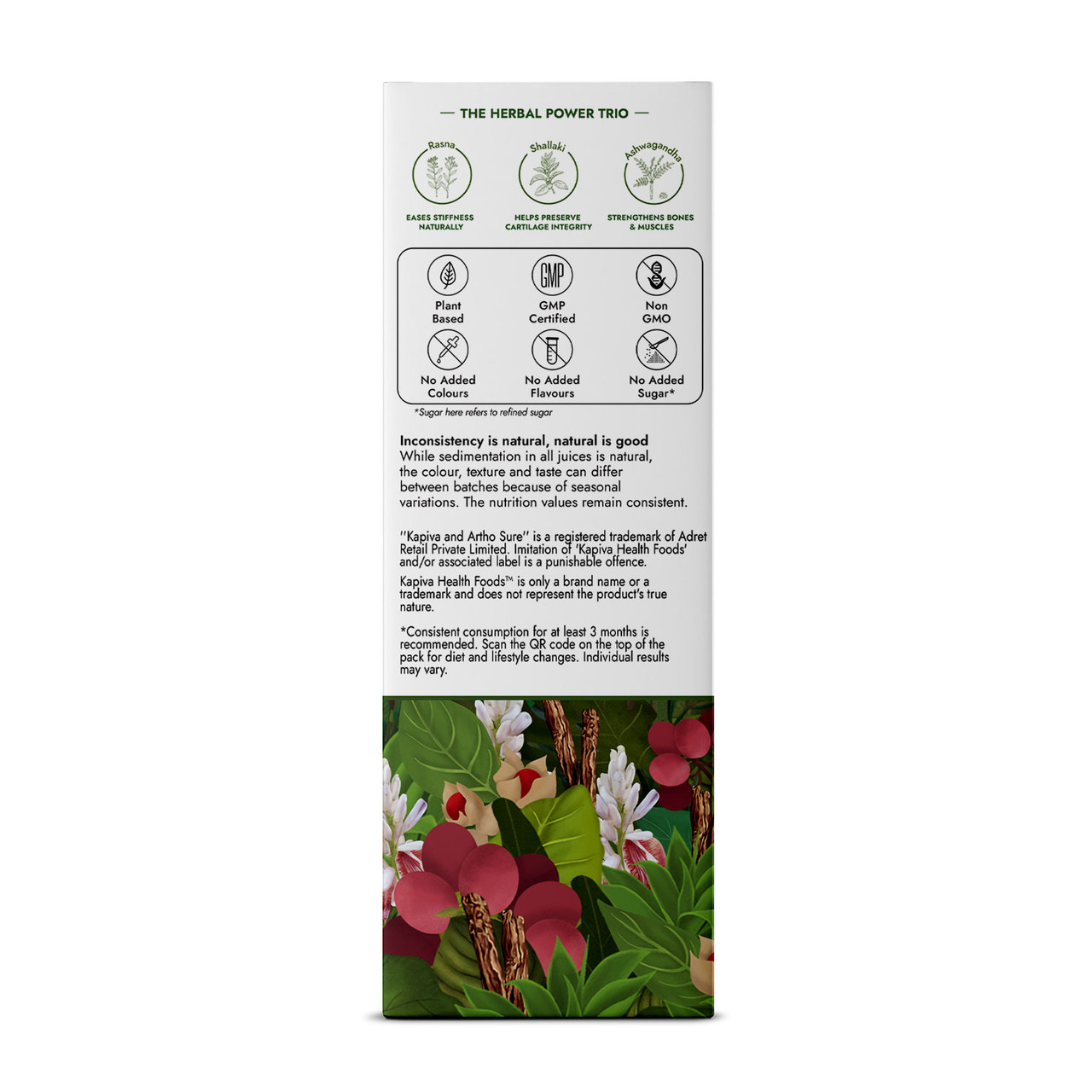 Kapiva Artho Sure Juice box side panel showing GMP certified, plant-based, non-GMO and no added sugar certifications