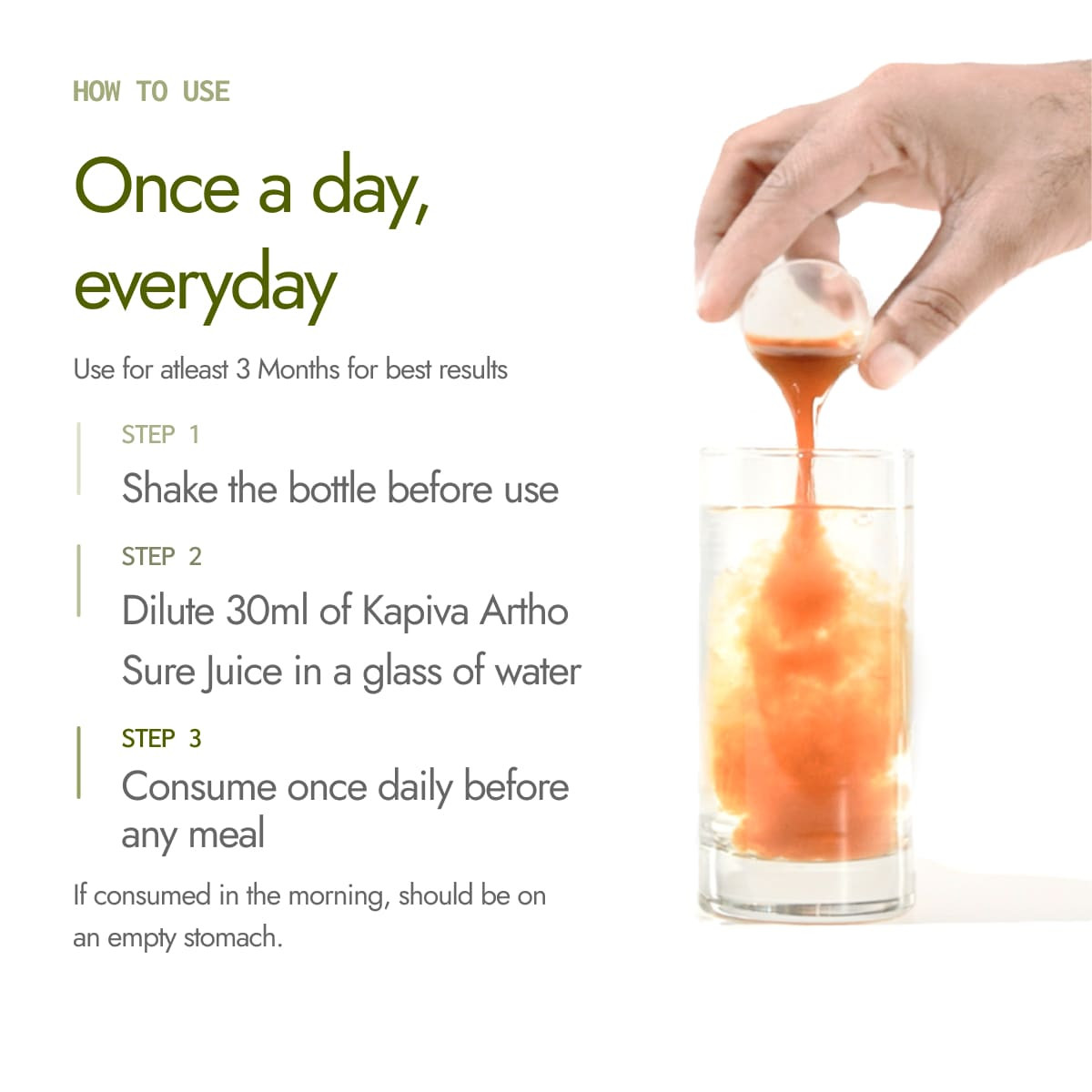 How to use Kapiva Artho Sure Juice, dilute 30ml in water and consume once daily before any meal for 3 months