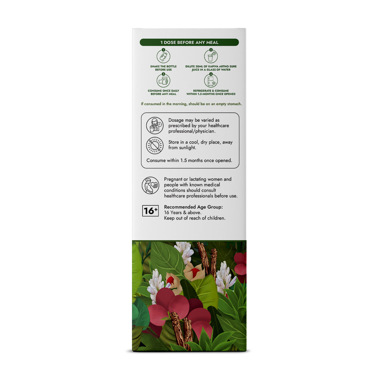 Kapiva Artho Sure Juice box side panel with dosage instructions, storage guidelines and age group recommendations
