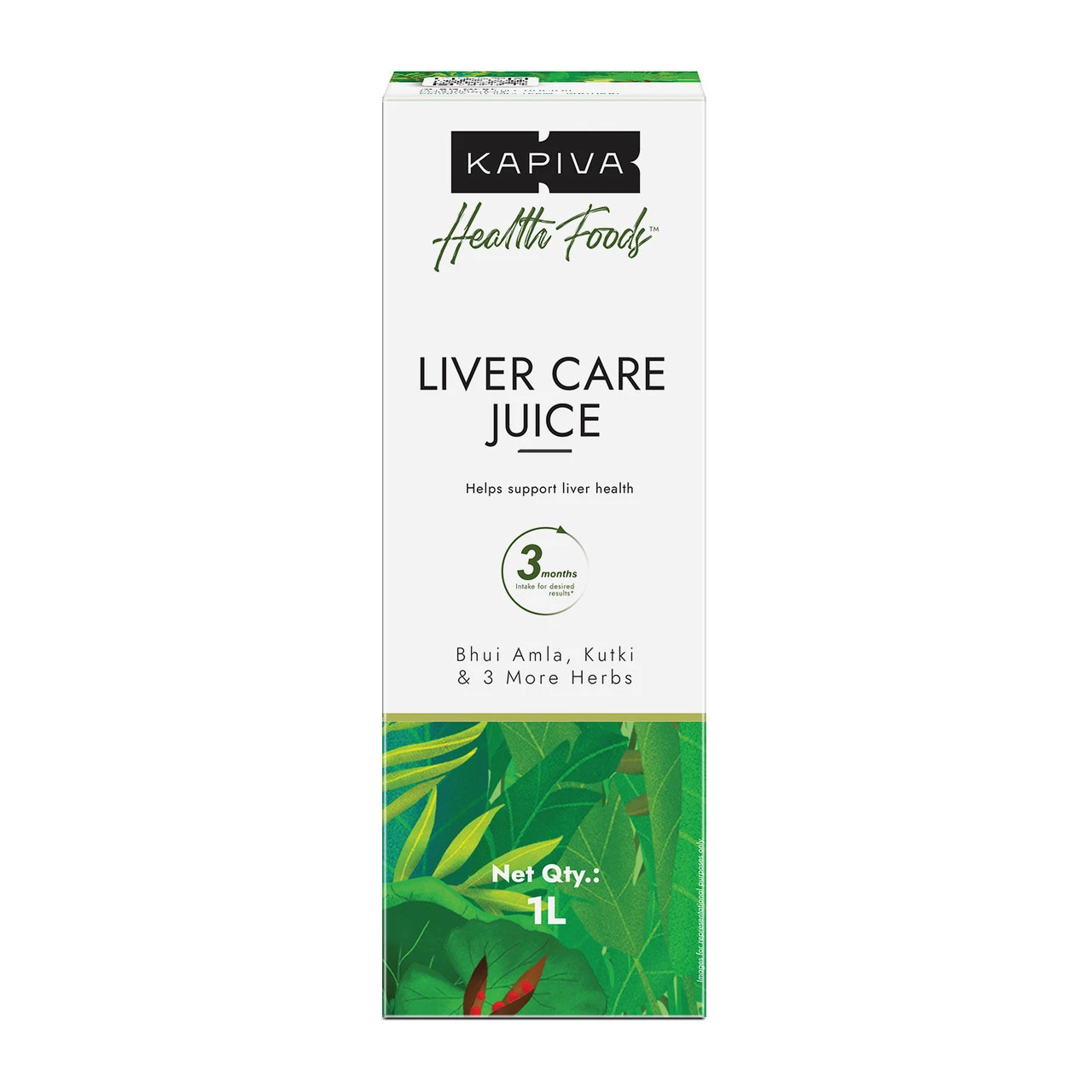 Kapiva Health Foods Liver Care Juice 1L carton front view with Bhui Amla, Kutki and 3 more herbs for liver health