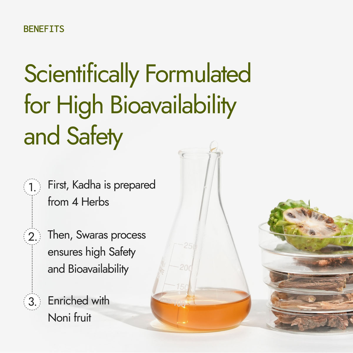 Kapiva Shatavari Balance Juice Kadha and Swaras formulation process for high bioavailability, enriched with Noni fruit
