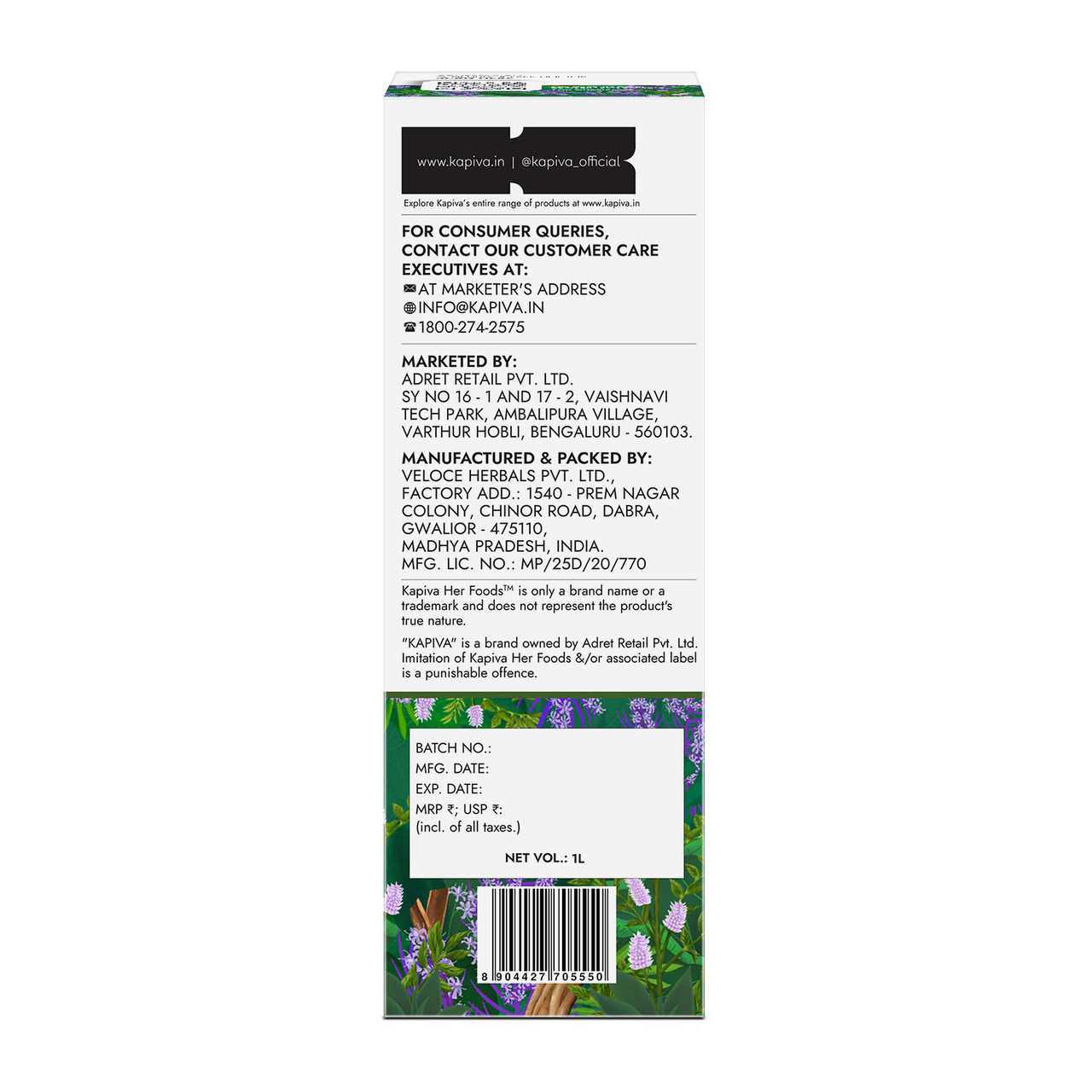 Kapiva Shatavari Balance Juice 1L carton back with manufacturer details, customer care and barcode